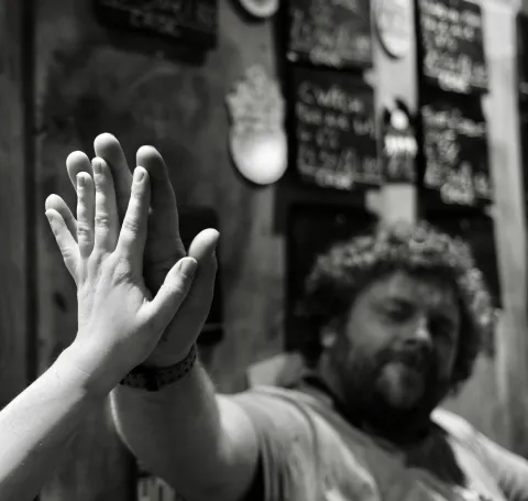 Me and Simon comparing hand sizes. Photo by Rocket Dave.